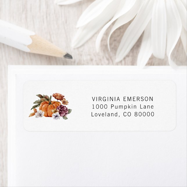 Étiquette d'adresse de retour automne citrouille (Autumn Pumpkin Floral Fall Return Address Label by Painted Paperie)