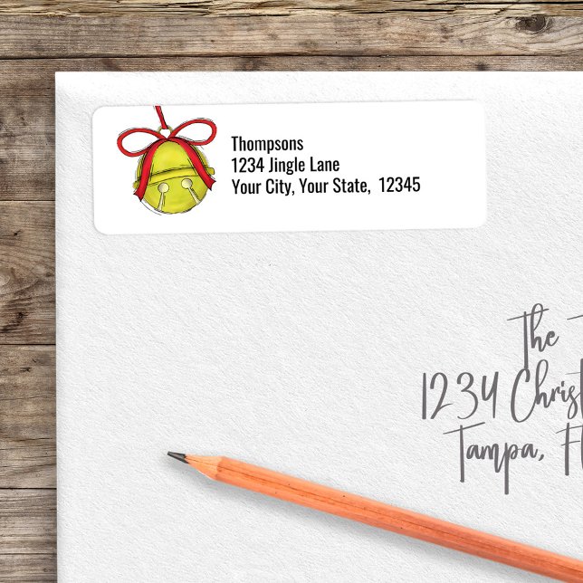 Étiquette d'adresse de retour avec clochettes de N (Gold return address label with cute jingle bell. )