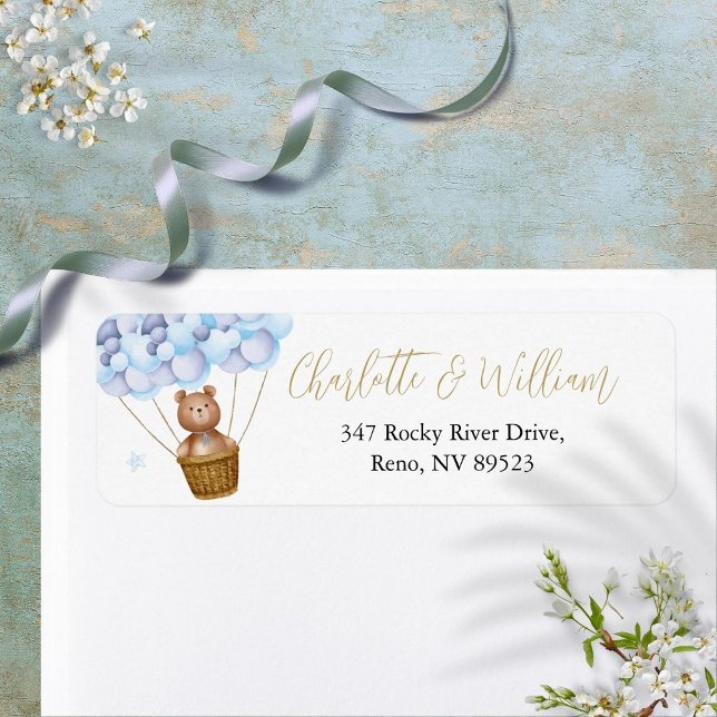 Étiquette d'adresse de retour Ballons Bleus Ourson (Cute Teddy Bear Blue Balloons Return Address Label)
