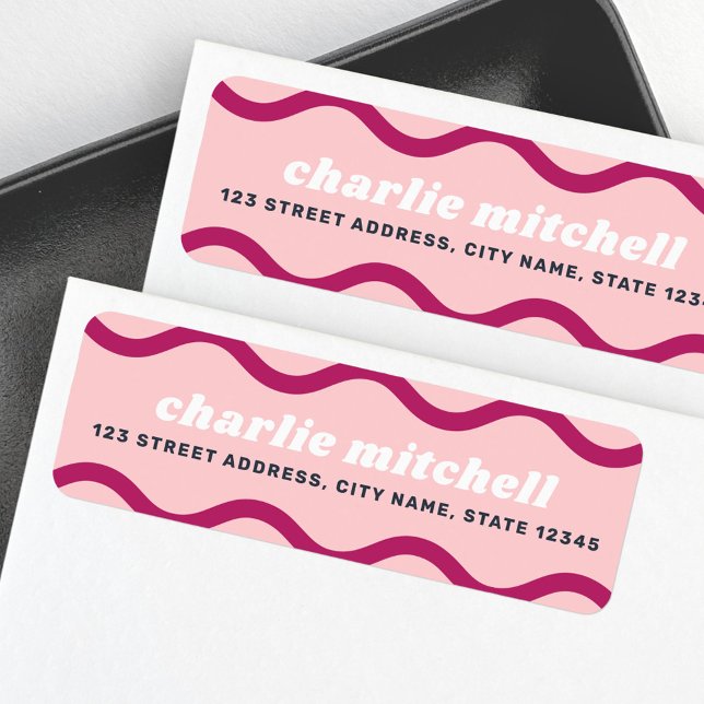 Étiquette d'adresse de retour bordeaux rose avec l (Pink burgundy retro squiggly line return address label)