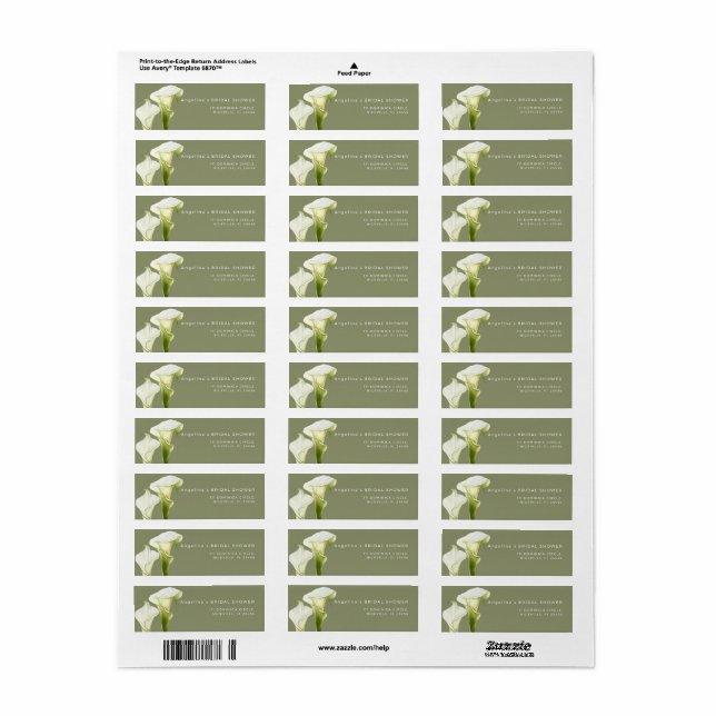 Étiquette d'adresse de retour Calla Lilies shower  (Feuille entière)