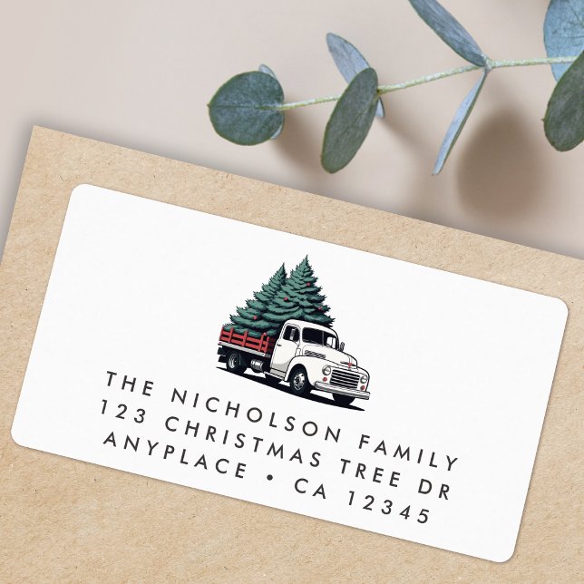 Étiquette d'adresse de retour | Camion arbre de No (Retro vintage Christmas tree delivery truck address labels for Holiday card mail & festive parcels)