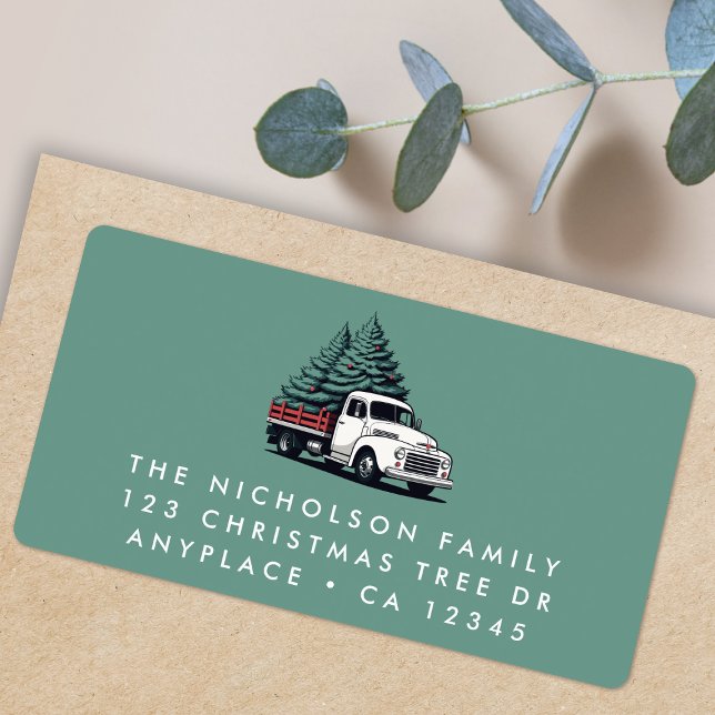 Étiquette d'adresse de retour | Camion arbre de No (Retro vintage Christmas tree delivery truck address labels for Holiday card mail & festive parcels)