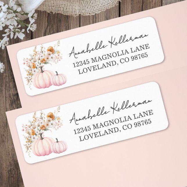 Étiquette d'adresse de retour Citrouille Rose Fleu (Wildflower Pink Pumpkin Return Address Label )