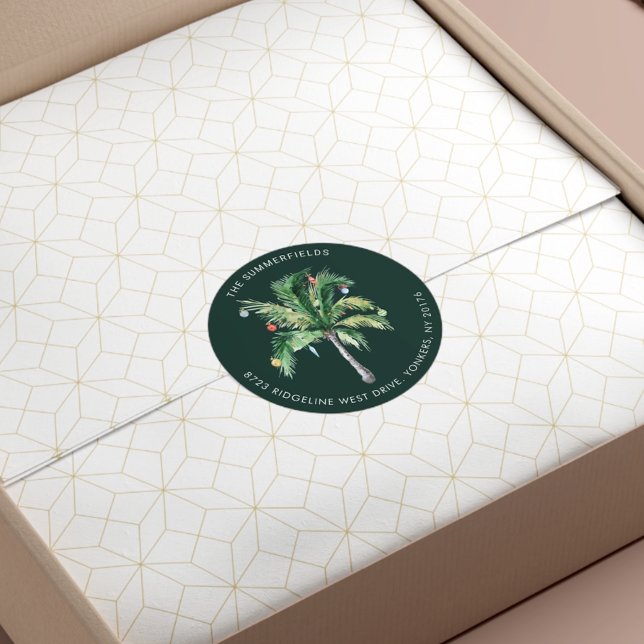 Étiquette d'adresse de retour d'arbre de palmier t (Christmas Tropical Palm Tree Return Address Classic Round Sticker)