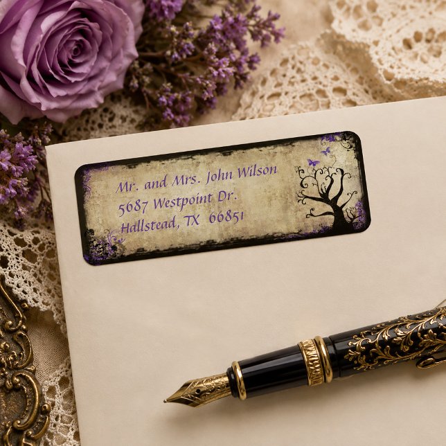Étiquette d'adresse de retour d'arbre de papillon  (Purple Butterfly Tree Vintage Return Address Label)