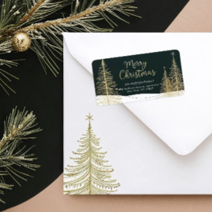 Étiquette d'adresse de retour d'arbres de Noël dor