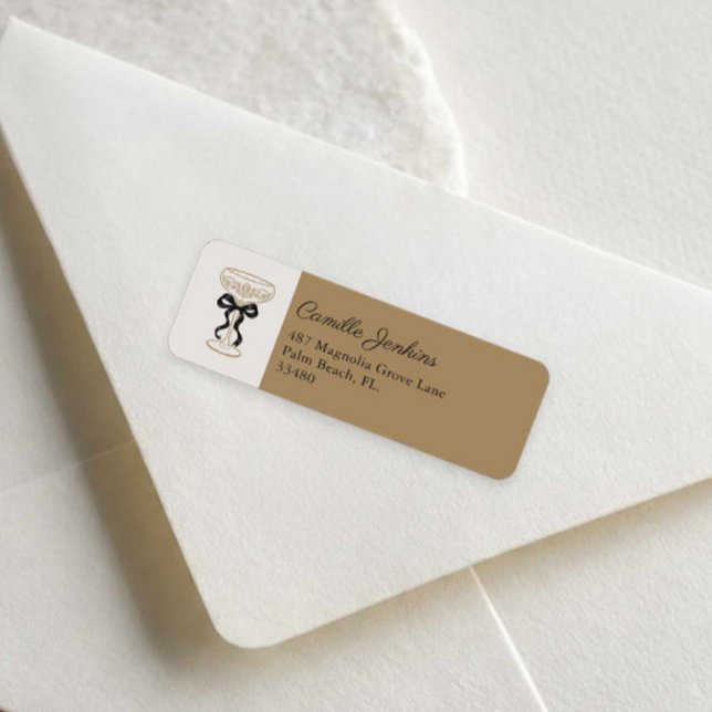 Étiquette d'adresse de retour de brunch de mariage (Gold and Black Bows and Bubbly Bridal Shower Return address)