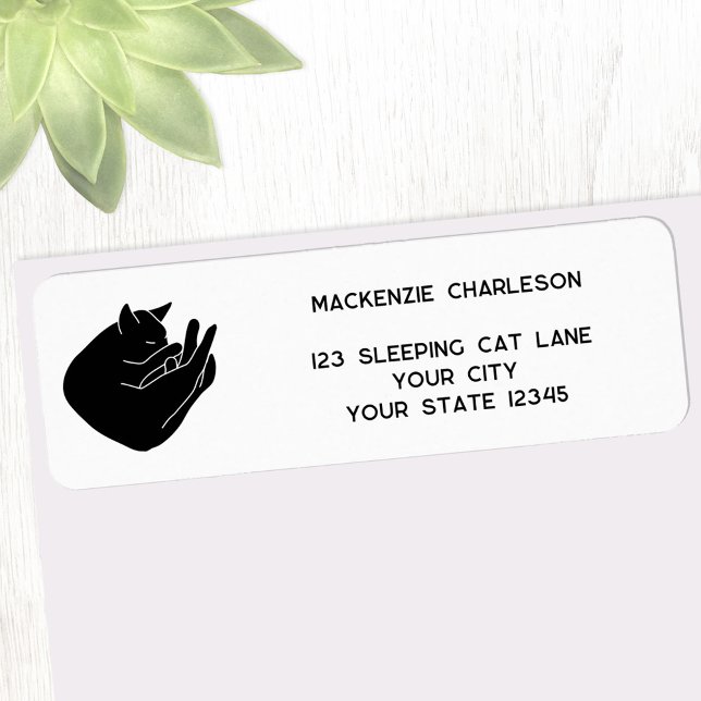Étiquette d'adresse de retour de chat noir dormant (Sleeping black cat personalized custom name return address label for animal lovers)