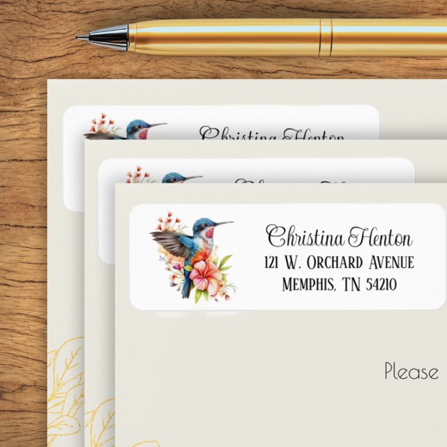 Étiquette d'adresse de retour de fleur tropicale é (Elegant Tropical Flower Hummingbird Return Address Label)