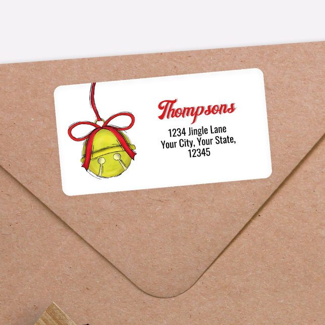 Étiquette d'adresse de retour de joyeux Noël avec  (Gold jingle bell return address labels.)