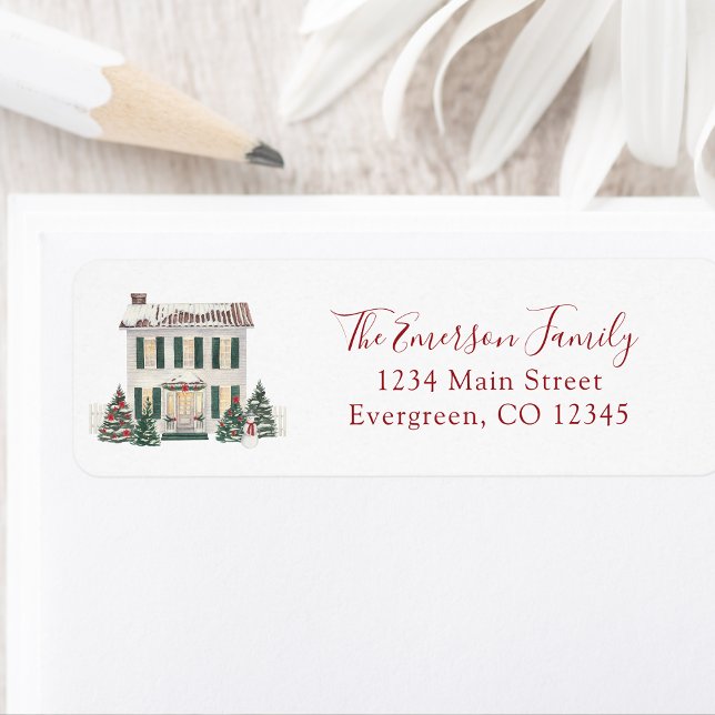 Étiquette d'adresse de retour de maison (Watercolor Christmas Colonial House Personalized Return Address Label by Painted Paperie
)