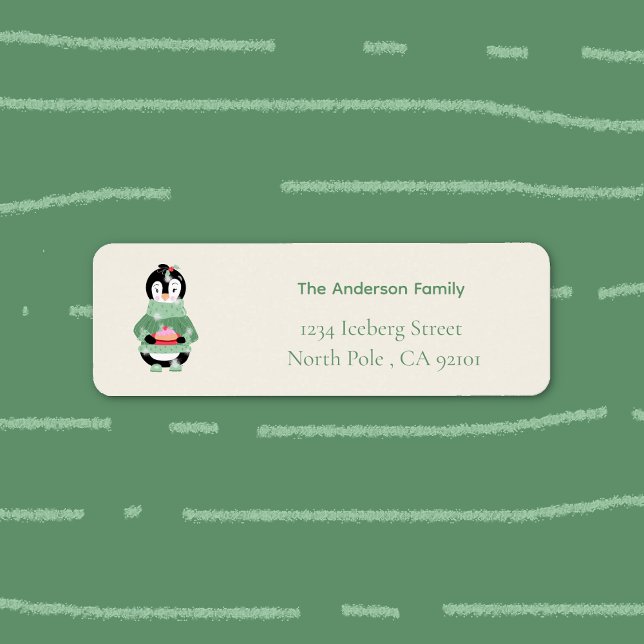 Étiquette d'adresse de retour de manchot avec pudd (Festive Holiday return address label featuring a cartoon penguin holding a figgy pudding . )