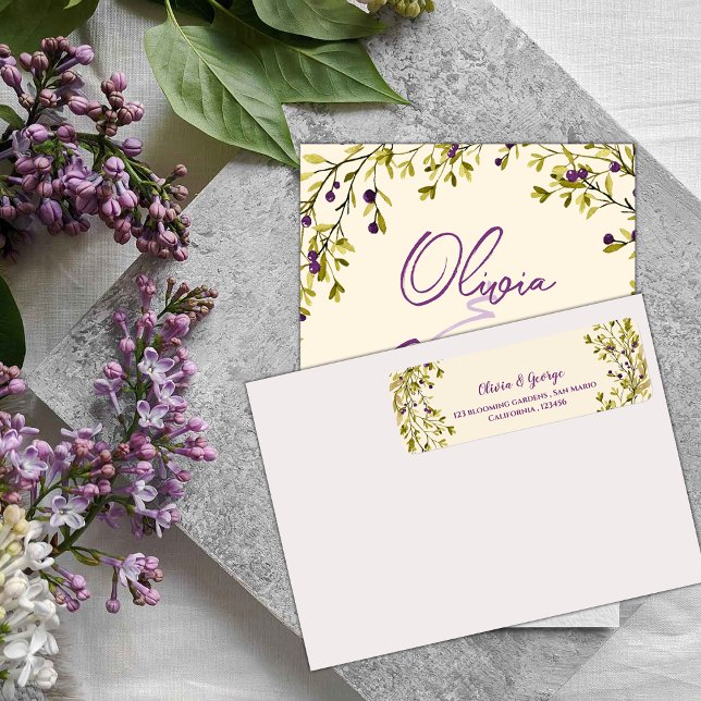 Étiquette d'adresse de retour de mariage à la verd (Purple Berry Greenery Wedding Return Address Label)