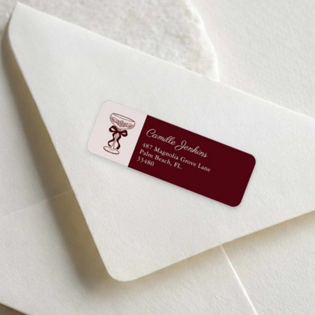 Étiquette d'adresse de retour de mariage avec ruba (Burgundy Bows and Bubbly Bridal Shower Return Address Label)