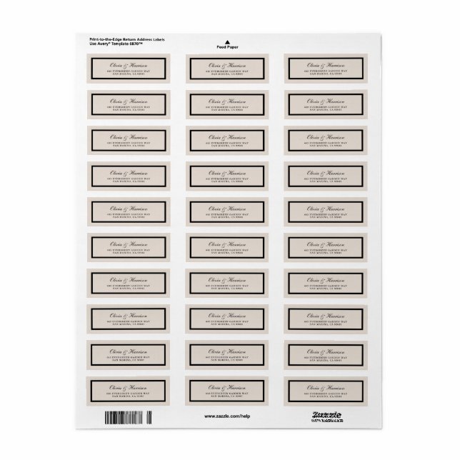 Étiquette d'adresse de retour de mariage classique (Feuille entière)