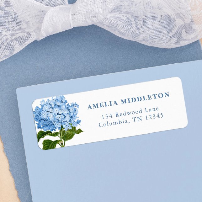 Étiquette d'adresse de retour de mariage classique (blue hydrangea classic wedding return address labels)