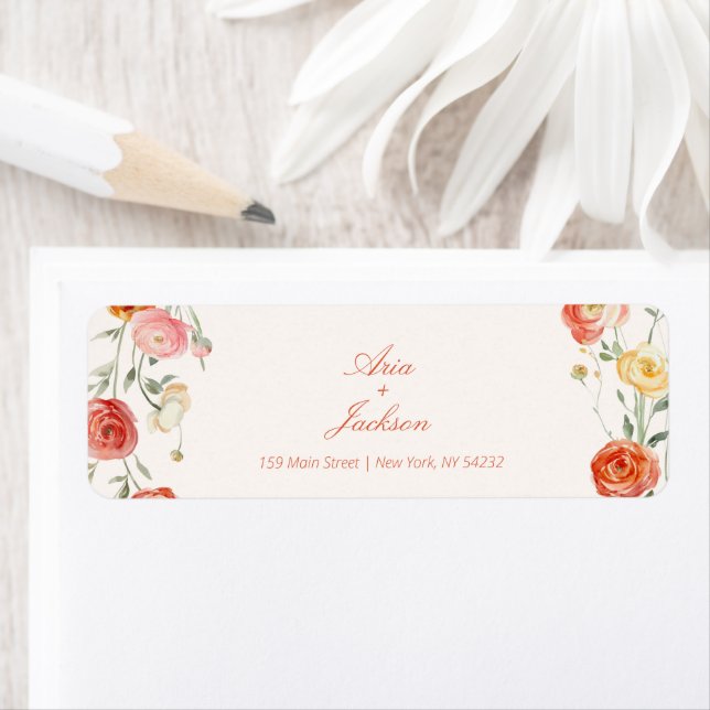 Étiquette d'adresse de retour de mariage floral or (En situation)