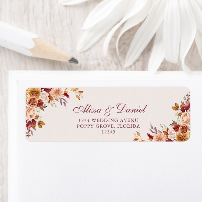 Étiquette d'adresse de retour de mariage floral ta (En situation)