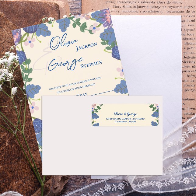 Étiquette d'adresse de retour de mariage floral vi (Blue Purple Floral Wedding Return Address Label)