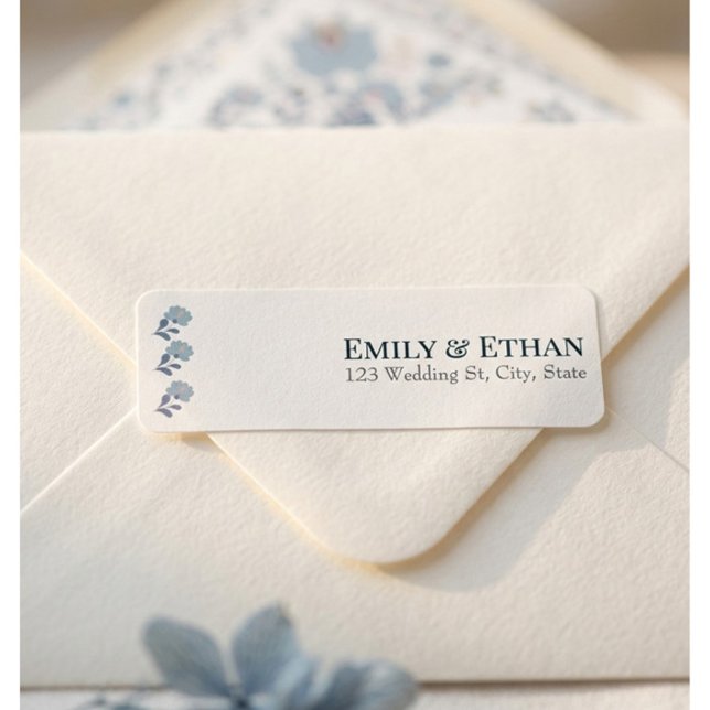 Étiquette d'adresse de retour de mariage florale b (Dusty blue wedding envelope with floral return address label elegant stationery suite detail.)
