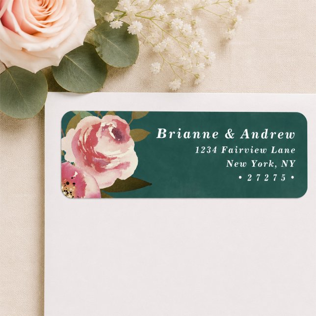 Étiquette d'adresse de retour de mariage vert sarc (Elegant dark teal and pink floral return address labels)