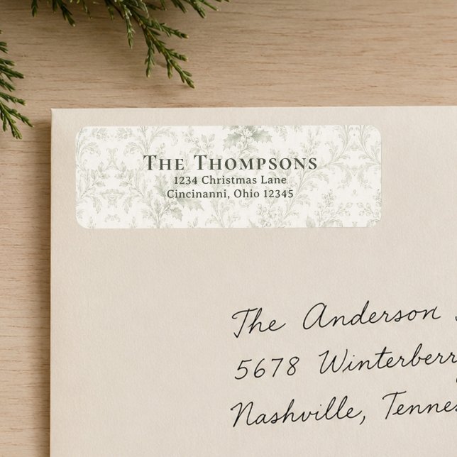 Étiquette d'adresse de retour de Noël à feuillage  (Elegant green floral return address labels for Christmas cards and festive holiday mail.)