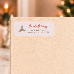 Étiquette d'adresse de retour de Noël au houx Merr