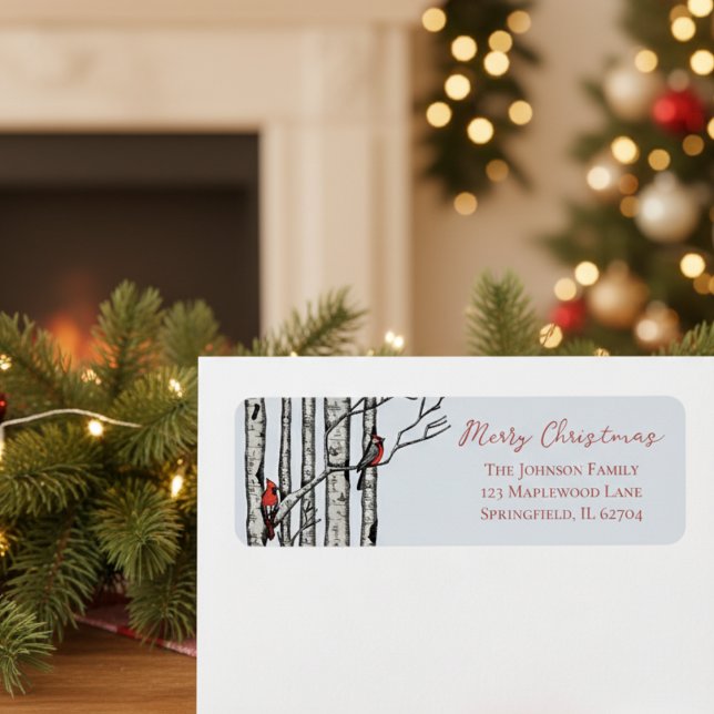 Étiquette d'adresse de retour de Noël rustique Car (Modern Holiday Festive Christmas Return Address Labels. Red Cardinal Birch Seasonal Mailing Stickers)
