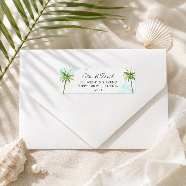 Étiquette d'adresse de retour de palmiers à l'aqua (Watercolor Palm Trees Beach Return Address Label)