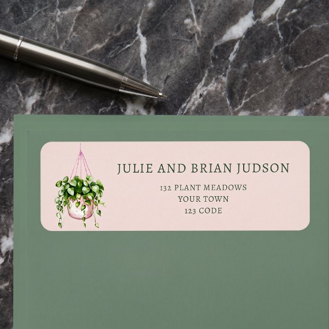 Étiquette d'adresse de retour de plante de maison  (Pink Hanging Basket house plant return address Label)