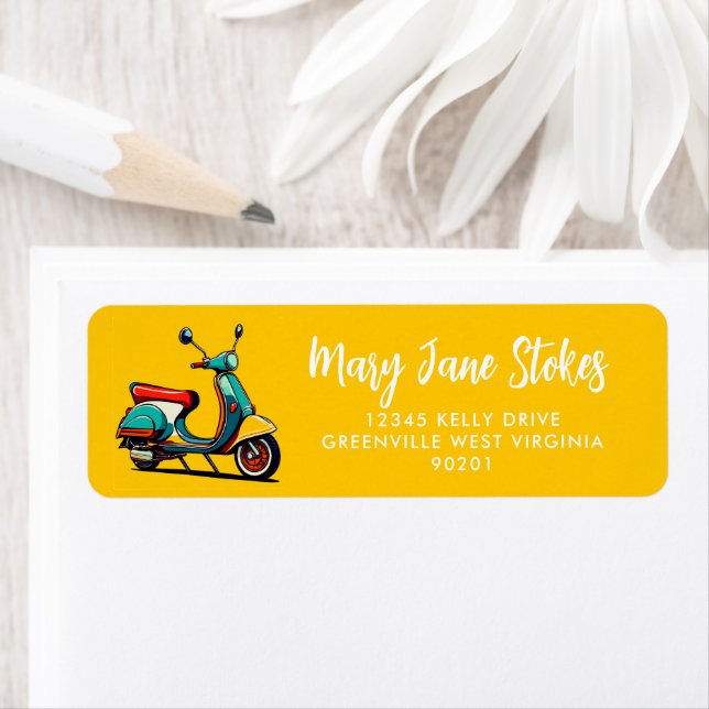 Étiquette d'adresse de retour de SCOOTER jaune | P (En situation)