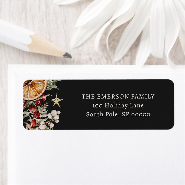 étiquette d'adresse de retour de vacances noire (Black Boho Rustic Holiday Return Address label
)
