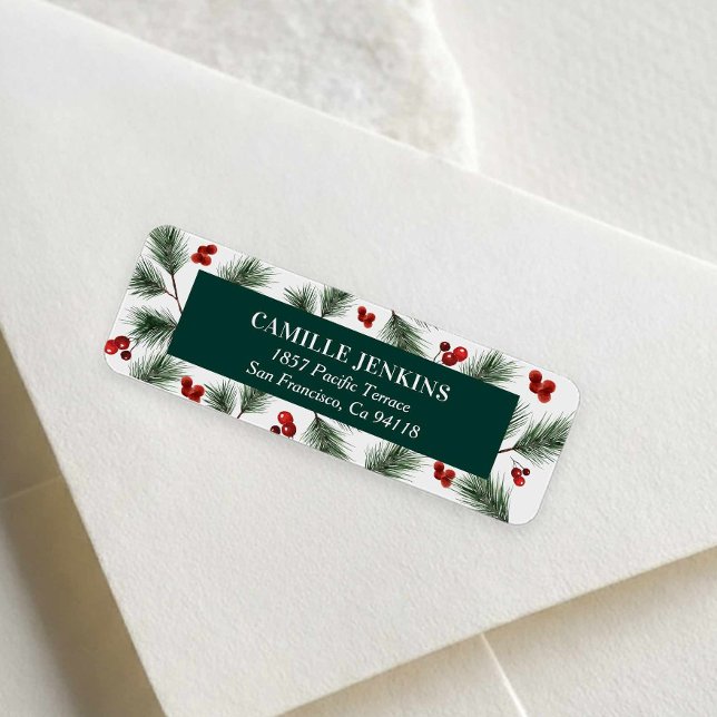 Étiquette d'adresse de retour de verdure hivernale (Christmas Holly Berries and Winter Greenery Return Address Label)
