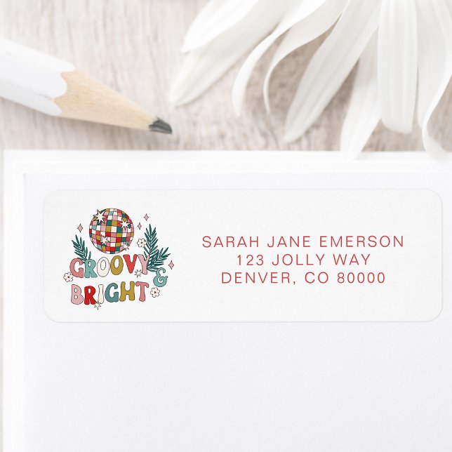 Étiquette d'adresse de retour des jours fériés (Colorful Retro Groovy Bright Personalized Holiday Return Address Label by Painted Paperie
)