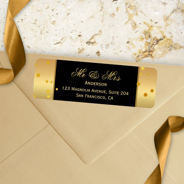 Étiquette d'adresse de retour du Mariage Gold Blac (A chic faux gold wedding return address label with glitter confetti on a black background)