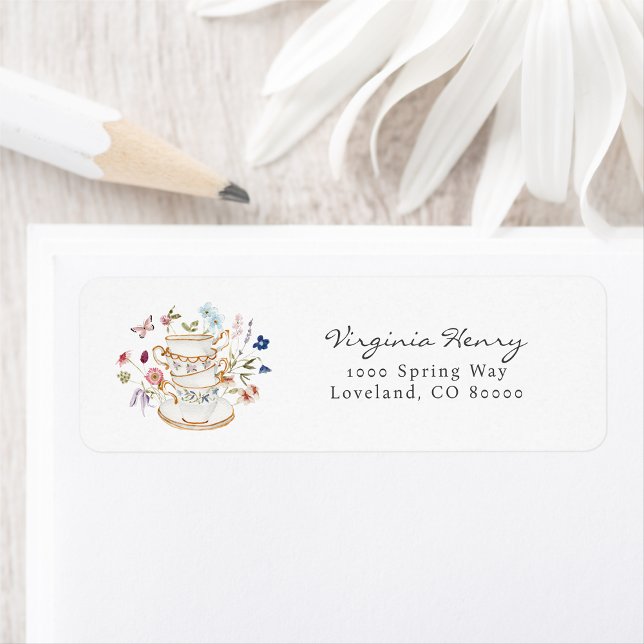 Étiquette d'adresse de retour du Tea Party (Floral Tea Party Return Address Label by Painted Paperie
)