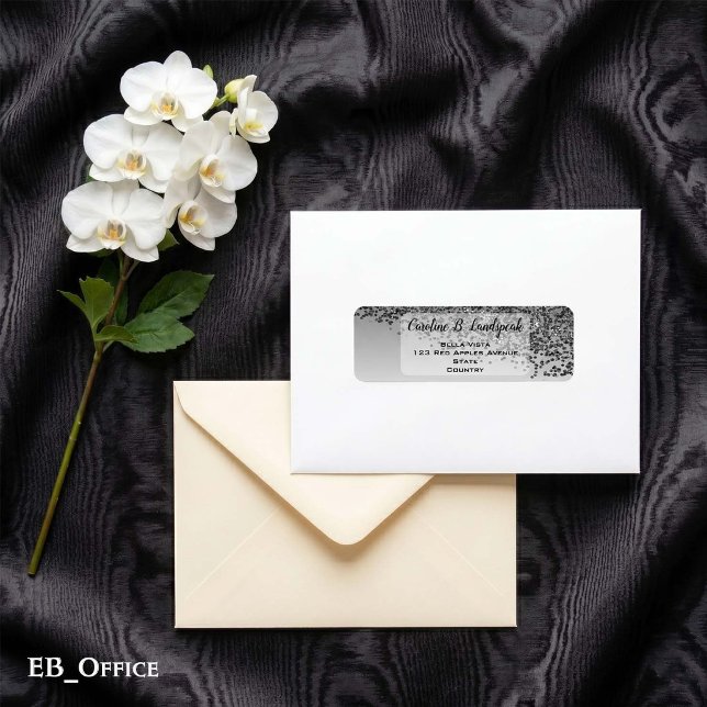 Étiquette d'adresse de retour élégante à paillette (Black Glitter Labels: 
2.25” L x 0.75” W
•	30 labels per sheet
•	Sheet: 8.5” L x 11” W
)