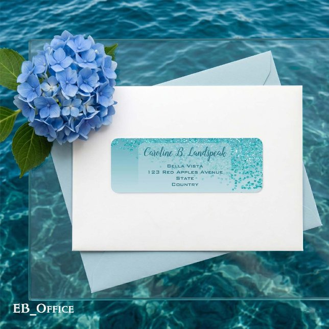 Étiquette d'adresse de retour élégante bleu sarcel (Teal Blue Glitter Labels: 
2.25” L x 0.75” W
•	30 labels per sheet
•	Sheet: 8.5” L x 11” W
)