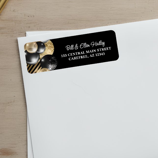 Étiquette d'adresse de retour élégante noire et or (Créateur téléchargé)