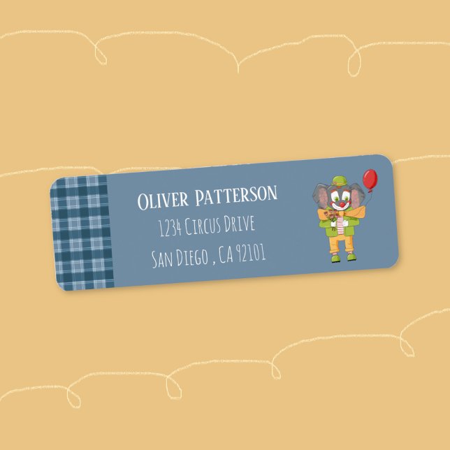 Étiquette d'adresse de retour Éléphant Clown Bleu (Cute blue return address label with a cartoon clown elephant . )