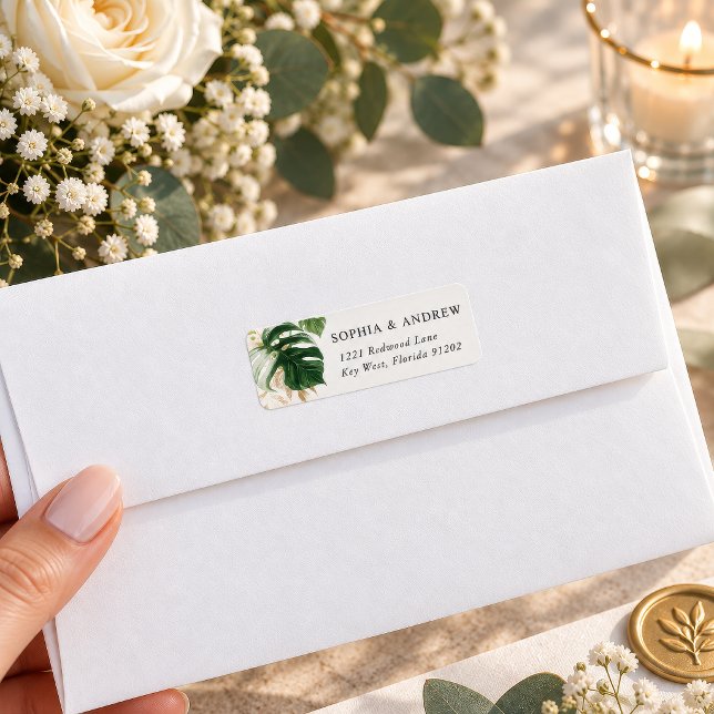 Étiquette d'adresse de retour Feuillage tropical (Tropical Greenery Return Address Label, watercolor monstera leaf, for wedding envelopes)