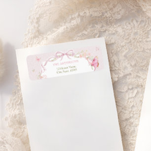 Étiquette d'adresse de retour fleur papillon rose
