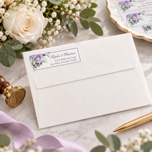Étiquette d'adresse de retour Fleurs Violet Eucaly (Eucalyptus Violet Floral Wedding Address Label, purple watercolor rose, script names)