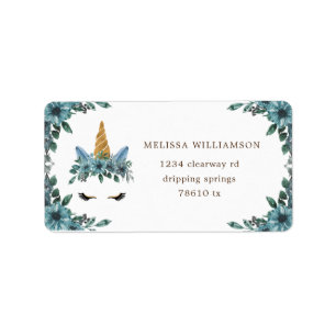 étiquette d'adresse de retour floral bleu unicorne