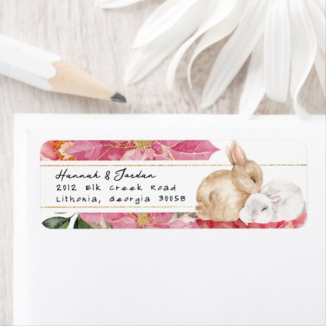 Étiquette d'adresse de retour Floral Lapin d'Hiver (En situation)