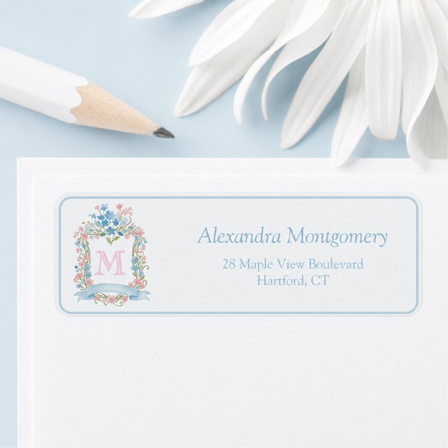 Étiquette d'adresse de retour florale à l'aquarell (personalized elegant girly grandmillennial vintage floral crest monogram return address label)