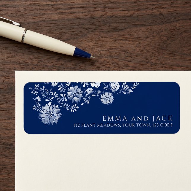 Étiquette d'adresse de retour florale aquarelle bl (Navy Blue Watercolor Floral Return Address Label)