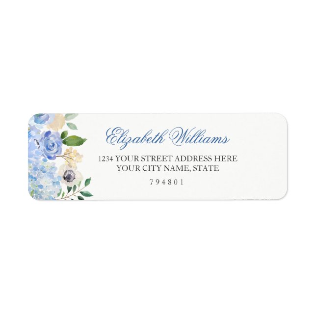 Étiquette d'adresse de retour florale bleue élégan (Devant)