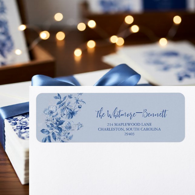 Étiquette d'adresse de retour florale en toile de  (Dusty Blue Toile Floral Wedding Return Address Label)